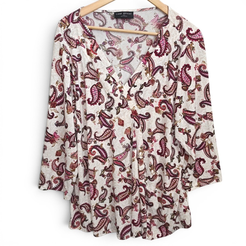 Lane Bryant Top Womens Plus 18/20 Purple Paisley Print V Neck Blouse 3/4 Sleeve